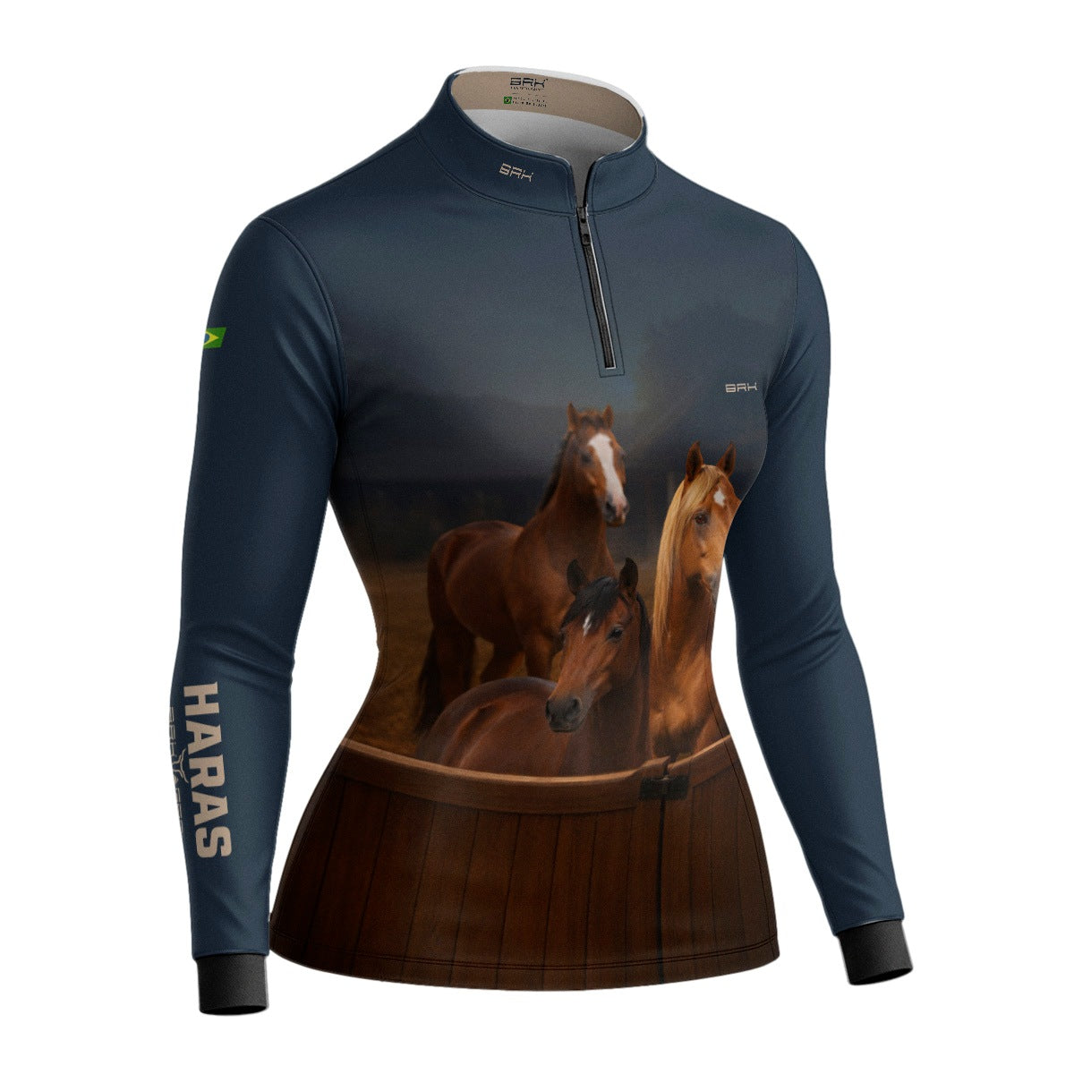 Camisa Agro Feminina BRK Cavalos Haras Fazenda com Proteção Solar UV50+ Azul Marinho