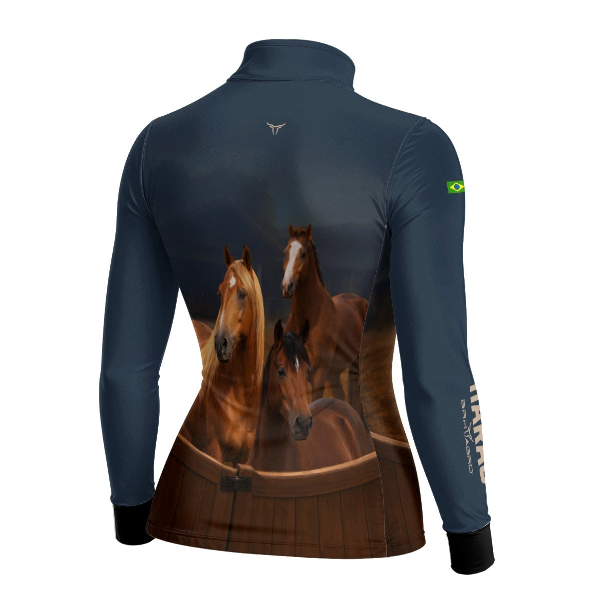 Camisa Agro Feminina BRK Cavalos Haras Fazenda com Proteção Solar UV50+ Azul Marinho