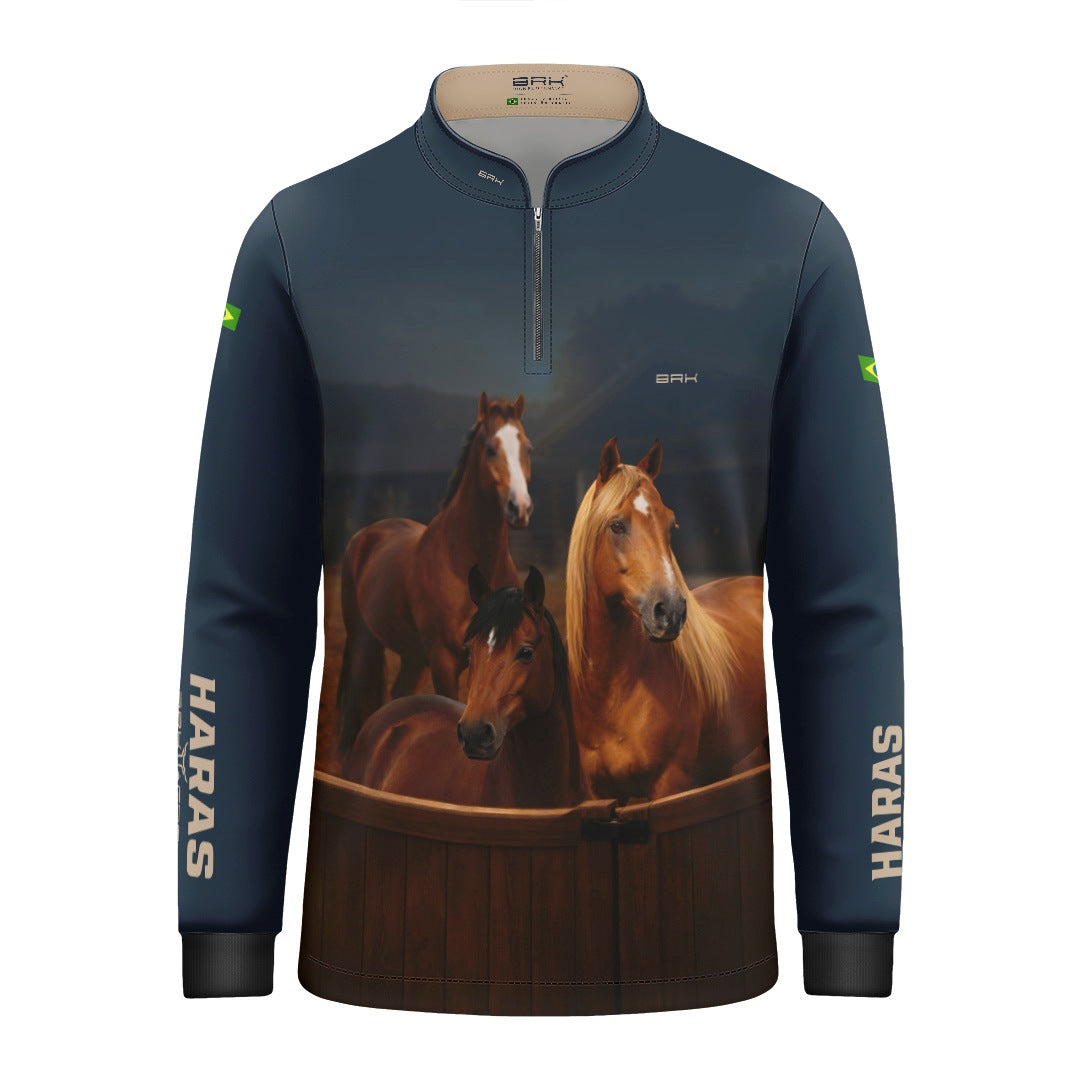 Camisa Agro Infantil BRK Cavalos Haras Fazenda com Proteção Solar UV50+ Azul Marinho