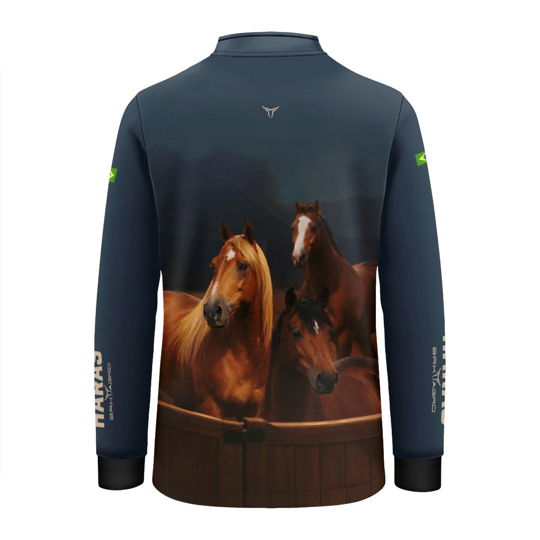 Camisa Agro Infantil BRK Cavalos Haras Fazenda com Proteção Solar UV50+ Azul Marinho