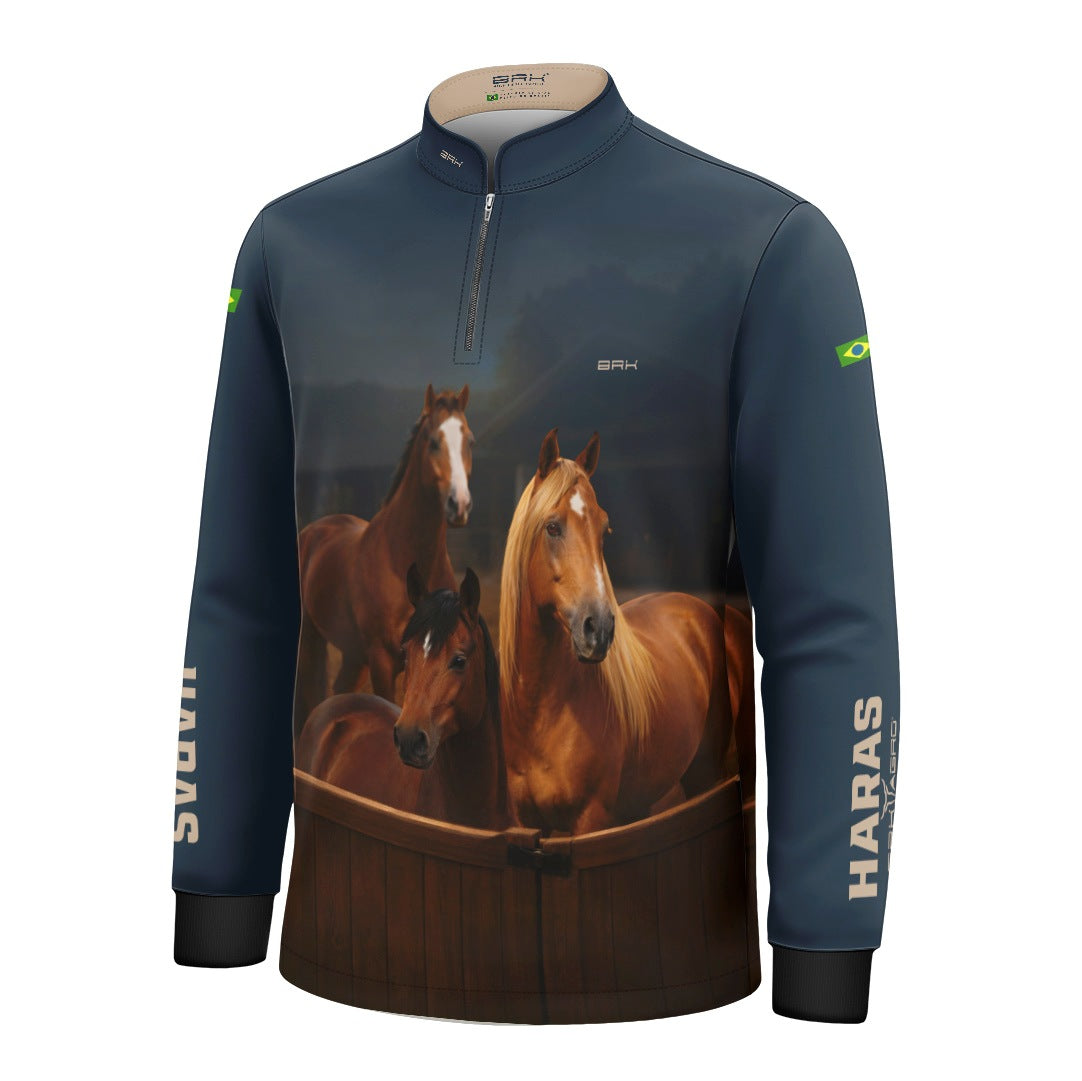 Camisa Agro Infantil BRK Cavalos Haras Fazenda com Proteção Solar UV50+ Azul Marinho