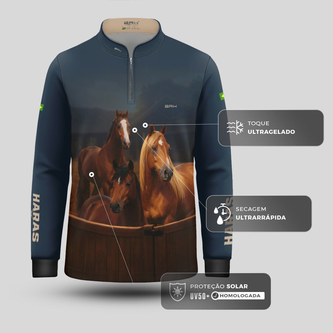 Camisa Agro Infantil BRK Cavalos Haras Fazenda com Proteção Solar UV50+ Azul Marinho