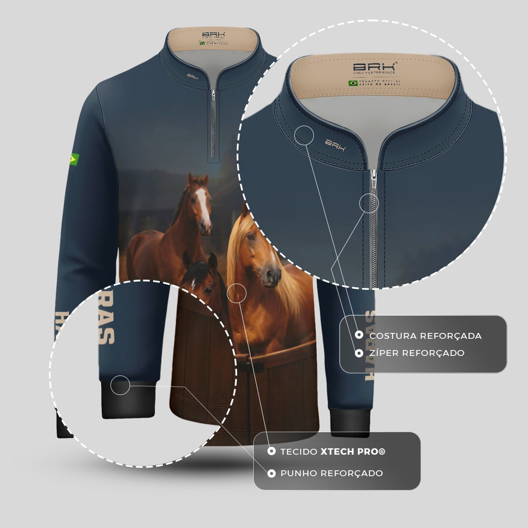 Camisa Agro Infantil BRK Cavalos Haras Fazenda com Proteção Solar UV50+ Azul Marinho