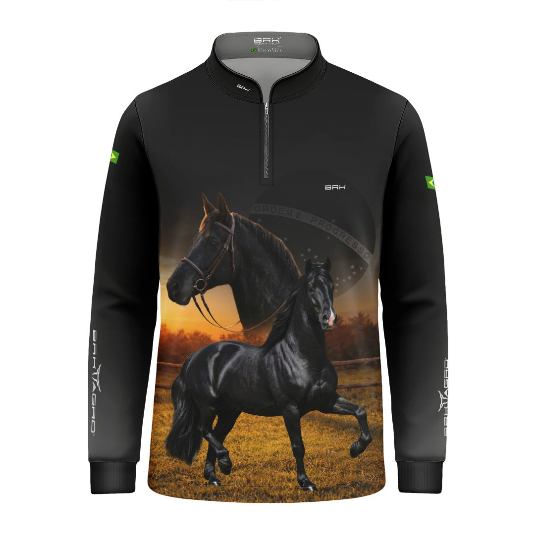 Camisa Agro Infantil BRK Cavalos Elite com Proteção Solar UV50+ Preta