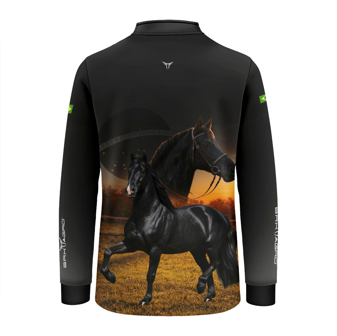 Camisa Agro Infantil BRK Cavalos Elite com Proteção Solar UV50+ Preta