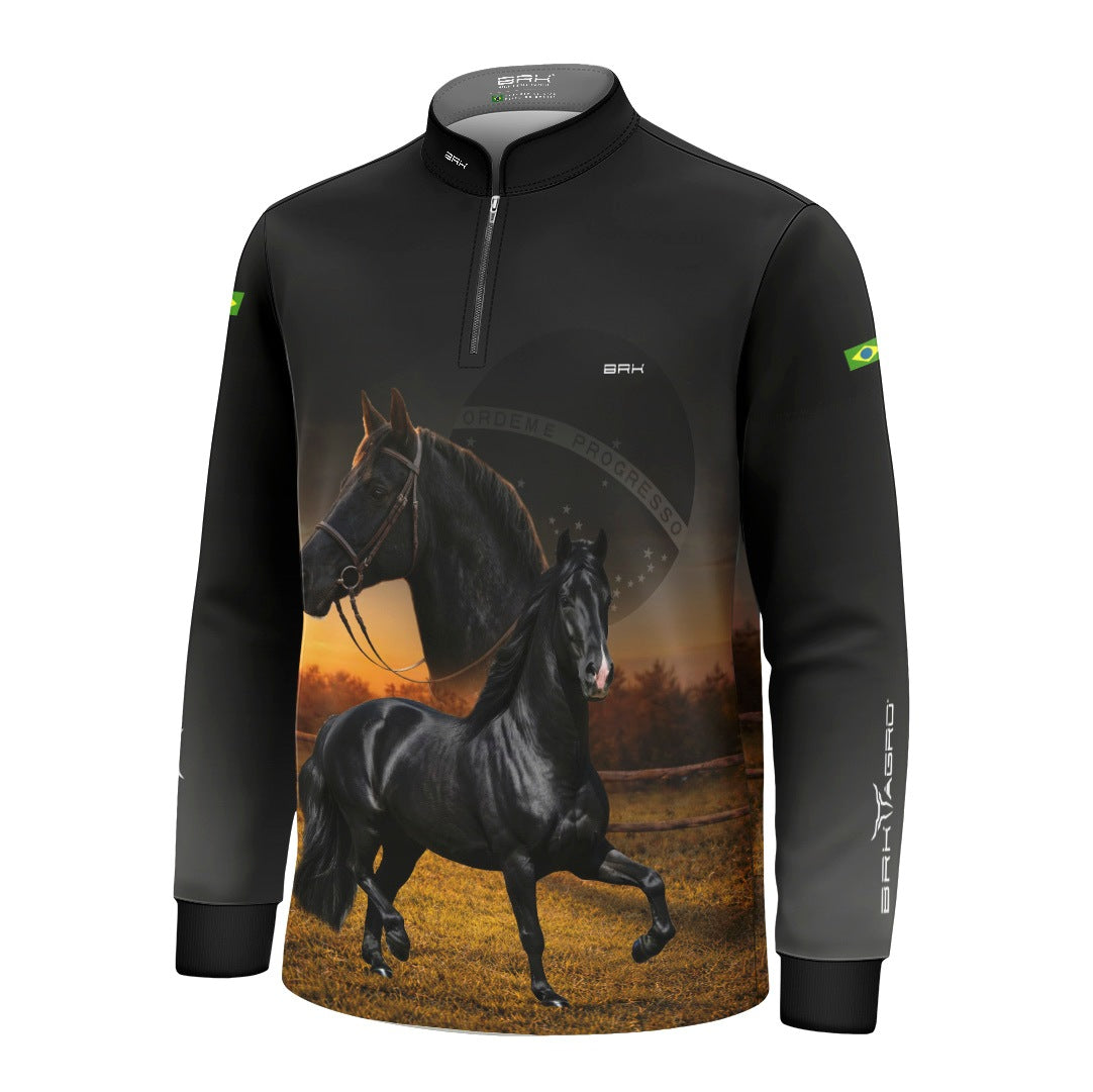 Camisa Agro Infantil BRK Cavalos Elite com Proteção Solar UV50+ Preta