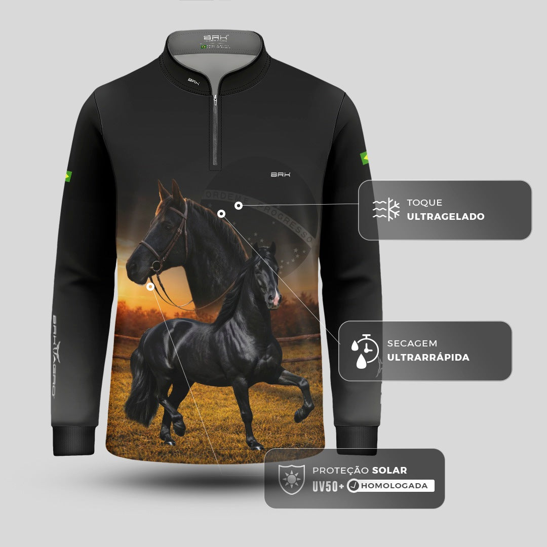 Camisa Agro Infantil BRK Cavalos Elite com Proteção Solar UV50+ Preta