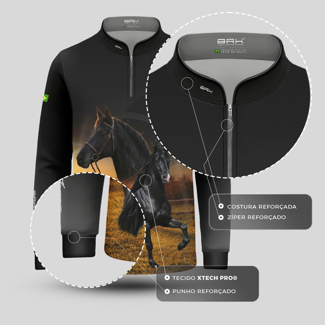 Camisa Agro Infantil BRK Cavalos Elite com Proteção Solar UV50+ Preta