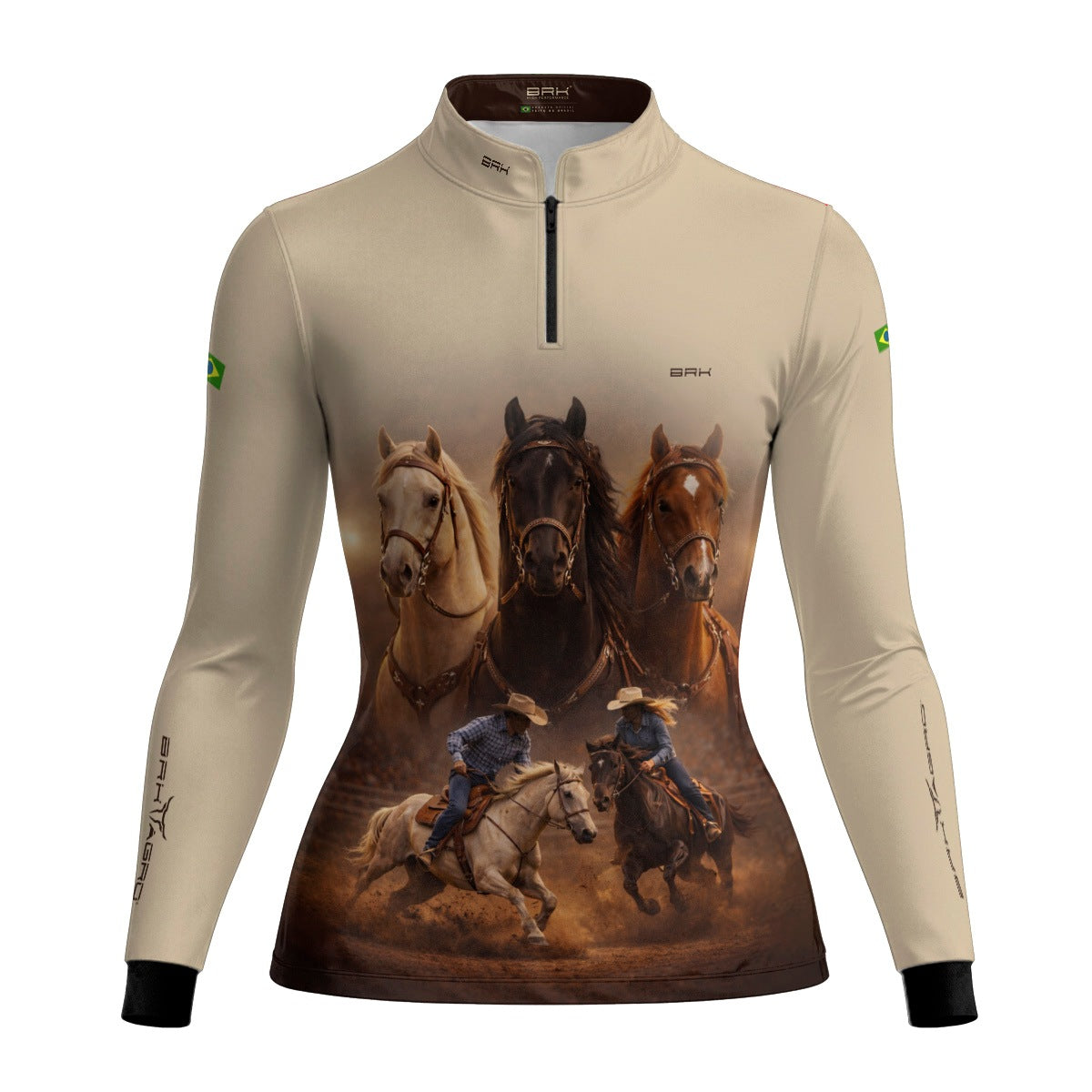 Camisa Agro Feminina BRK Cavalos Performance com Proteção Solar UV50+ Bege