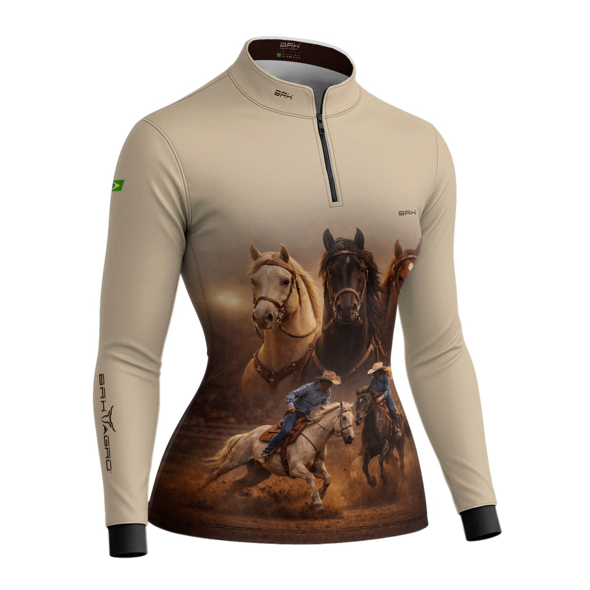 Camisa Agro Feminina BRK Cavalos Performance com Proteção Solar UV50+ Bege