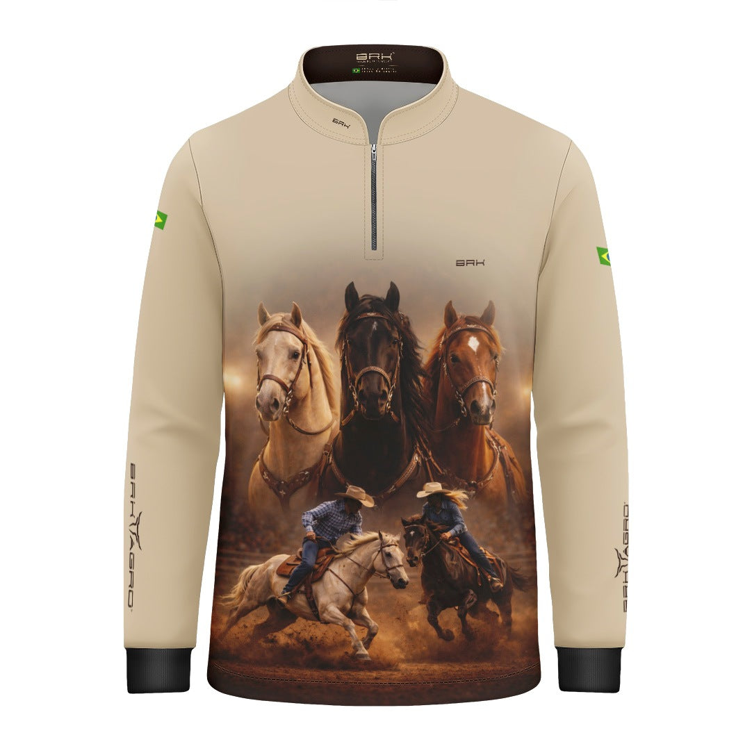 Camisa Agro Infantil BRK Cavalos Performance com Proteção Solar UV50+ Bege