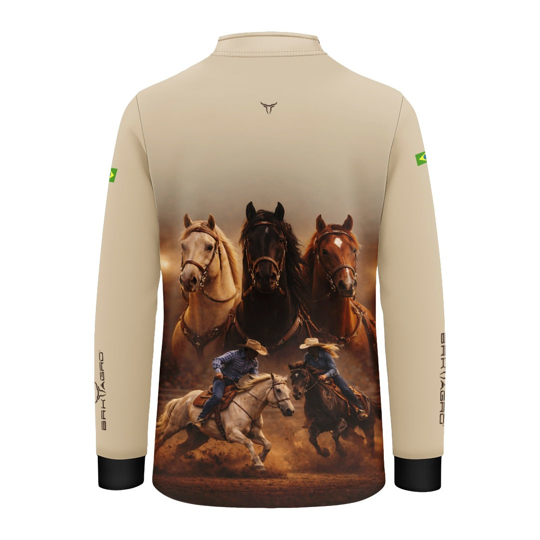 Camisa Agro Infantil BRK Cavalos Performance com Proteção Solar UV50+ Bege