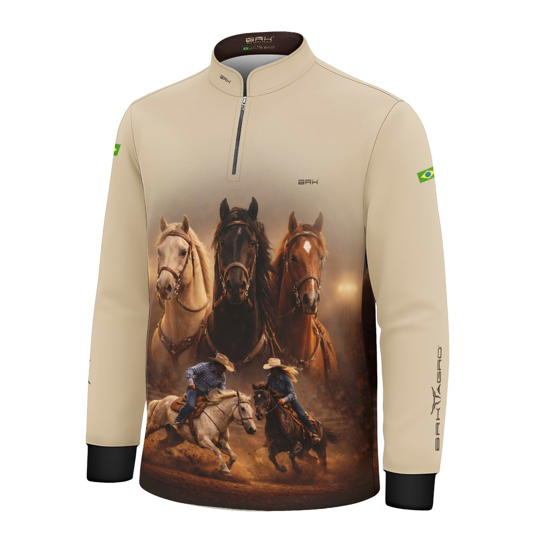 Camisa Agro Infantil BRK Cavalos Performance com Proteção Solar UV50+ Bege