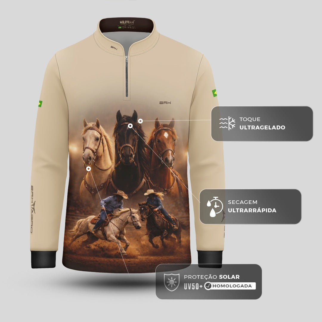 Camisa Agro Infantil BRK Cavalos Performance com Proteção Solar UV50+ Bege