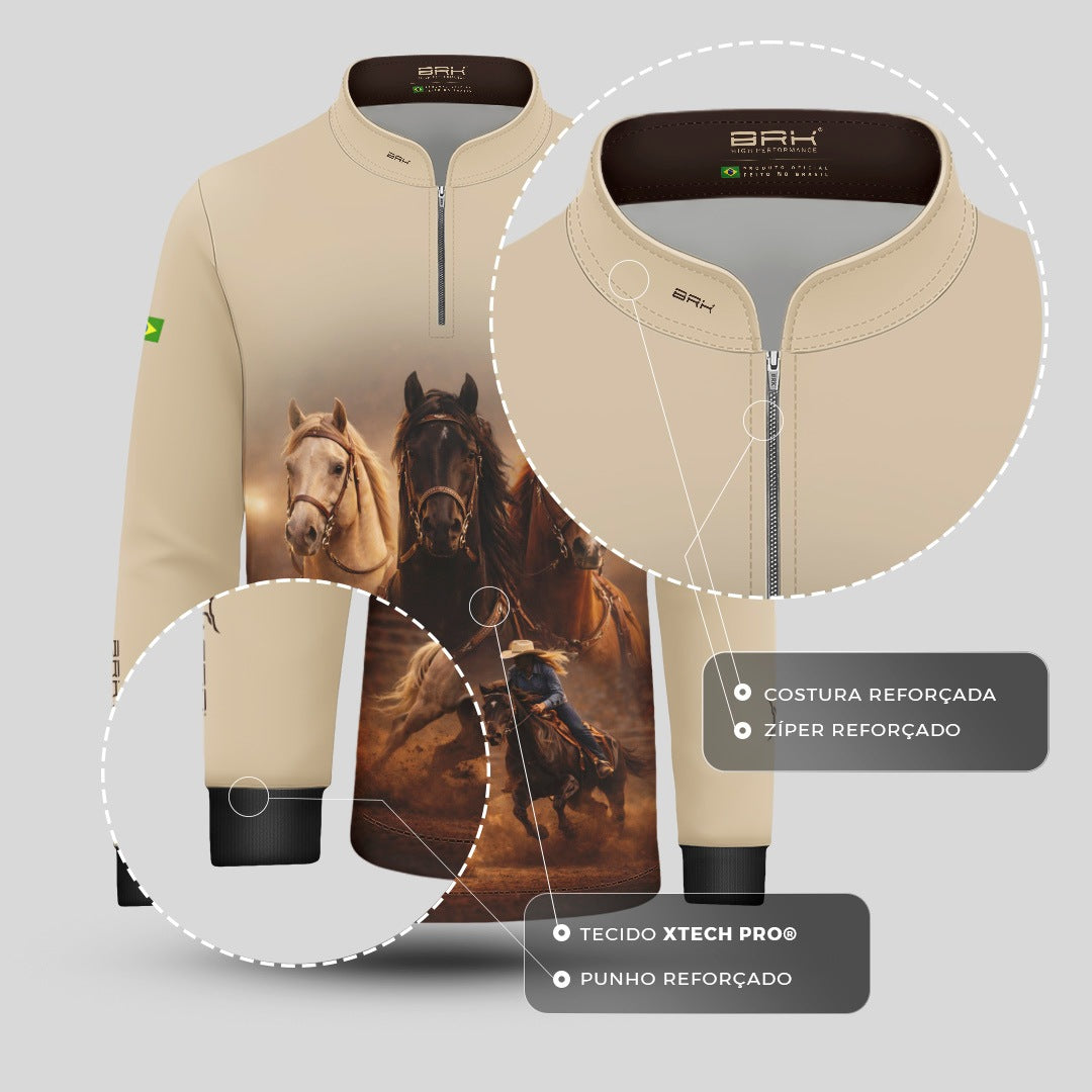 Camisa Agro Infantil BRK Cavalos Performance com Proteção Solar UV50+ Bege
