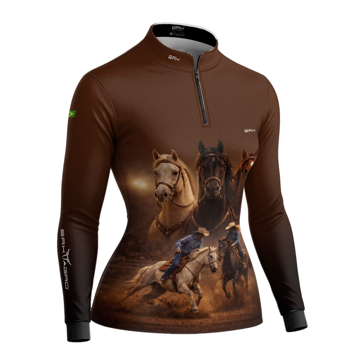Camisa Agro Feminina BRK Cavalos Performance com Proteção Solar UV50+ Marrom