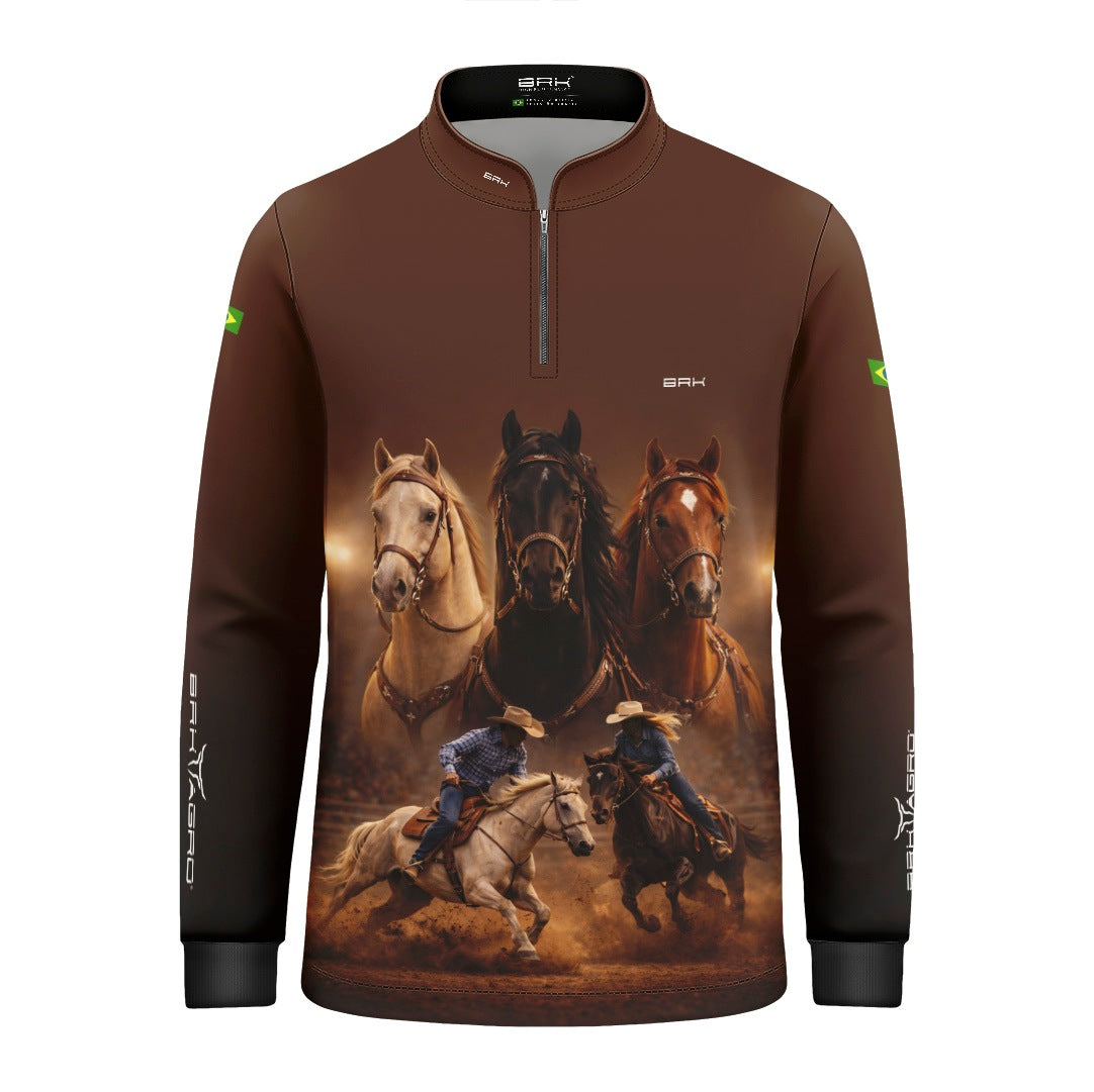 Camisa Agro Infantil BRK Cavalos Performance com Proteção Solar UV50+ Marrom