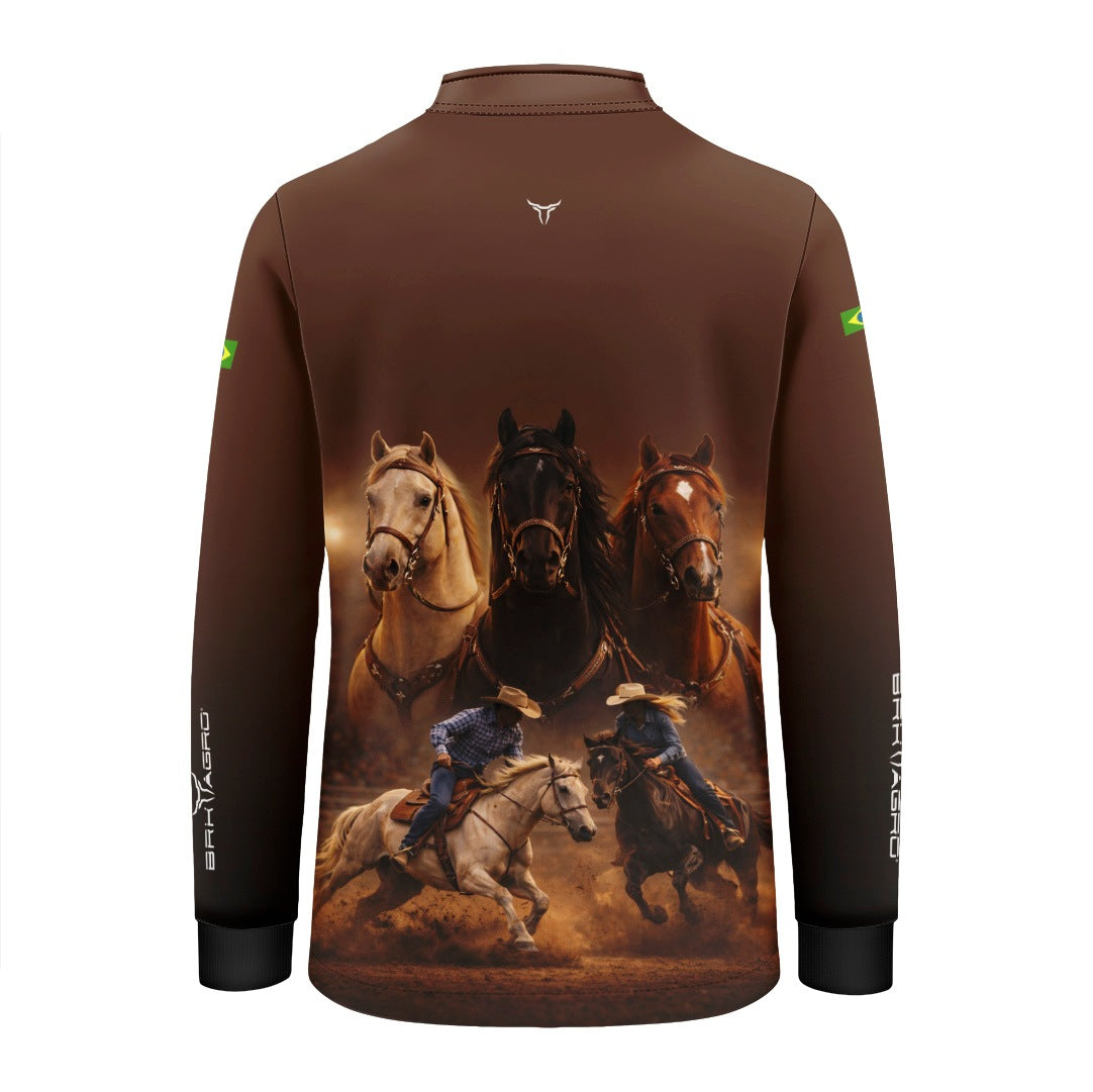 Camisa Agro Infantil BRK Cavalos Performance com Proteção Solar UV50+ Marrom
