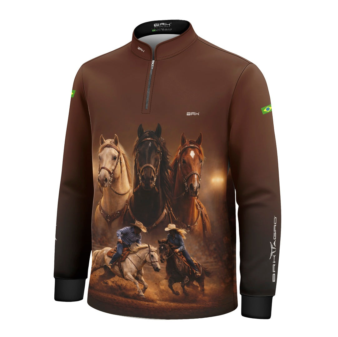 Camisa Agro Infantil BRK Cavalos Performance com Proteção Solar UV50+ Marrom