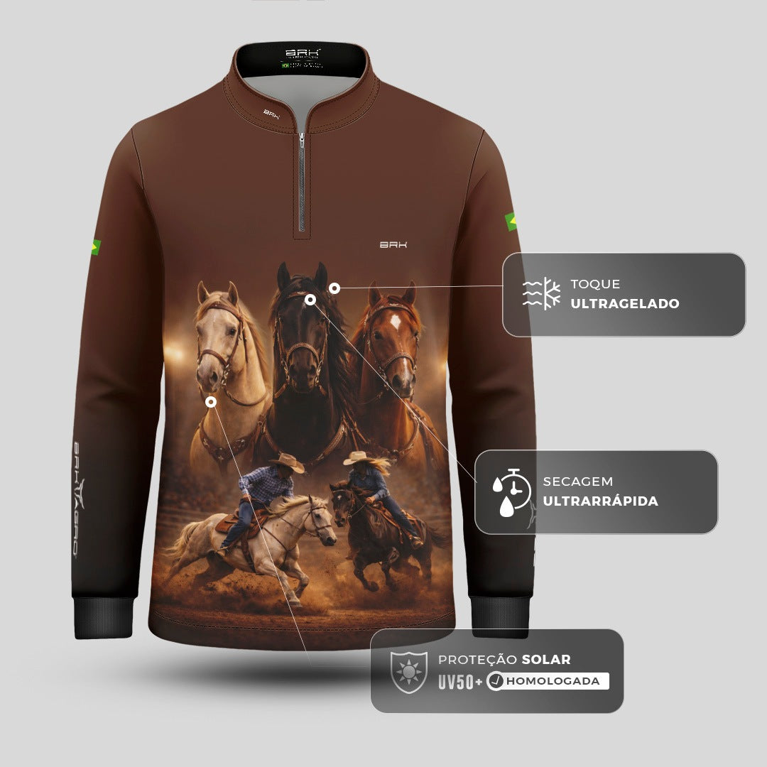Camisa Agro Infantil BRK Cavalos Performance com Proteção Solar UV50+ Marrom