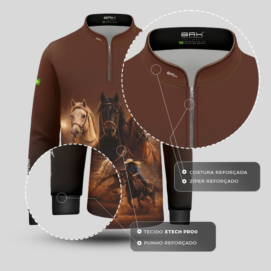 Camisa Agro Infantil BRK Cavalos Performance com Proteção Solar UV50+ Marrom