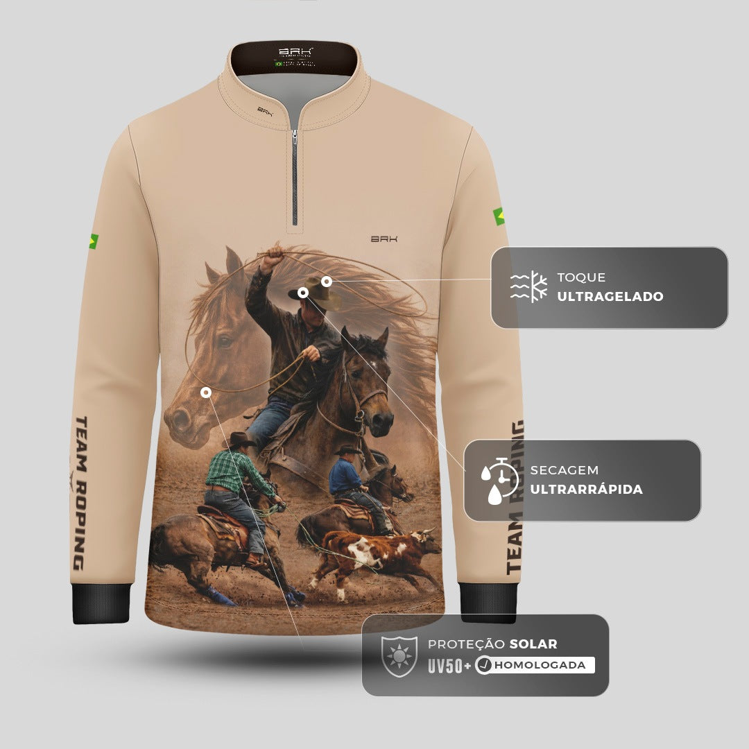 Camisa Agro Infantil BRK Laço em Dupla Cowboy  com Proteção Solar UV50+ Bege