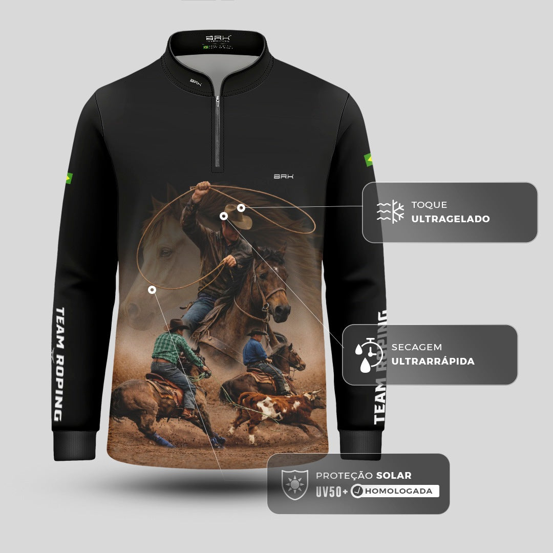 Camisa Agro Infantil BRK Laço em Dupla Cowboy  com Proteção Solar UV50+ Preta