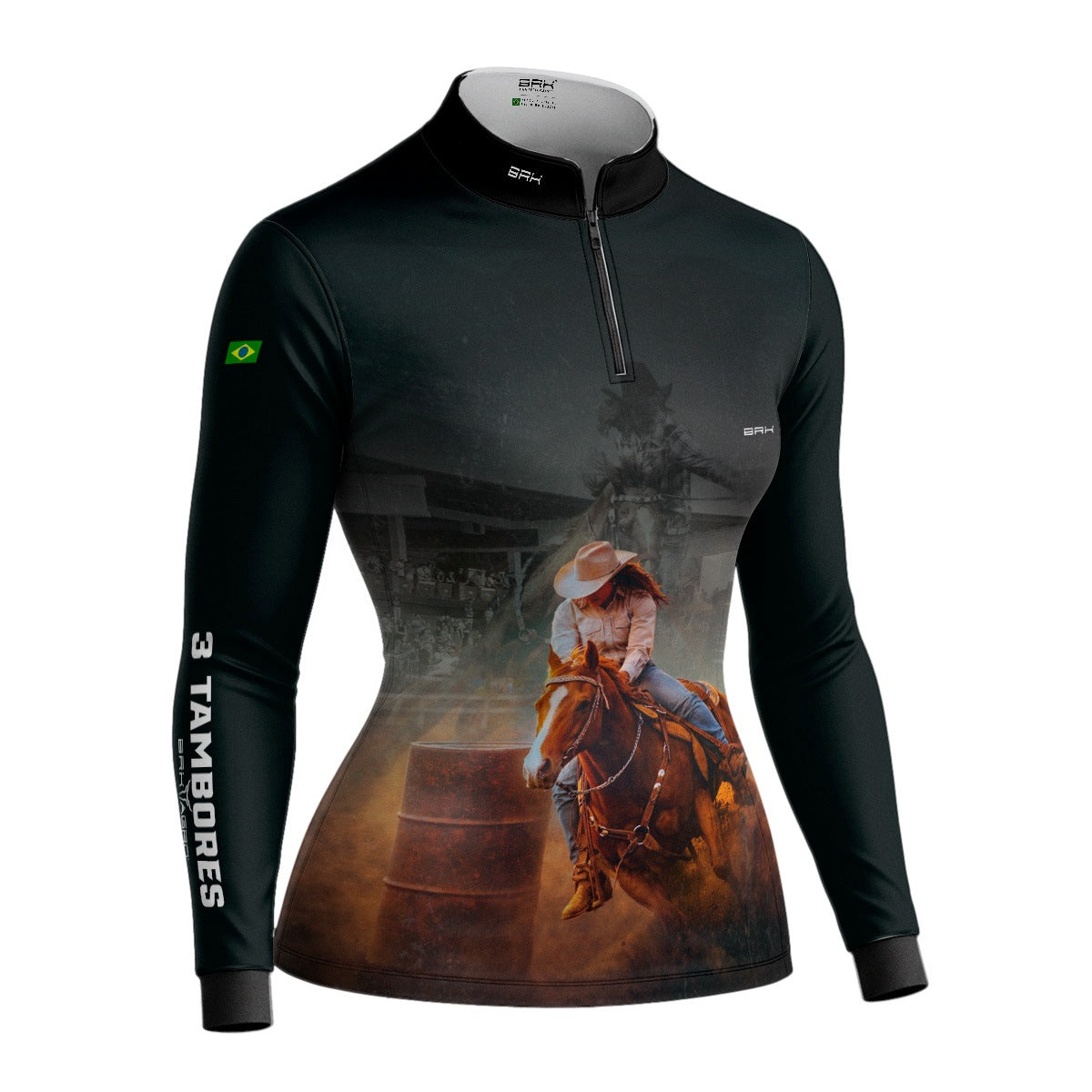 Camisa Agro Feminina BRK 3 Tambores Velocidade Máxima com Proteção UV50+ Preta