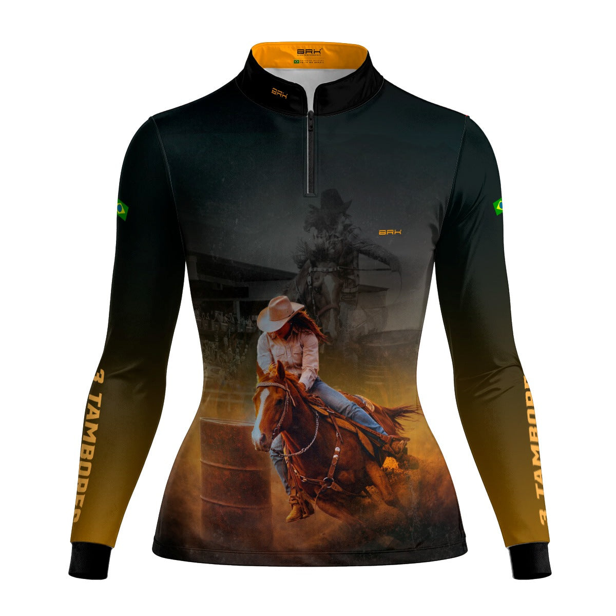 Camisa Agro Feminina BRK Rainha do Tambor Preta e Amarela com Proteção Solar UV50+