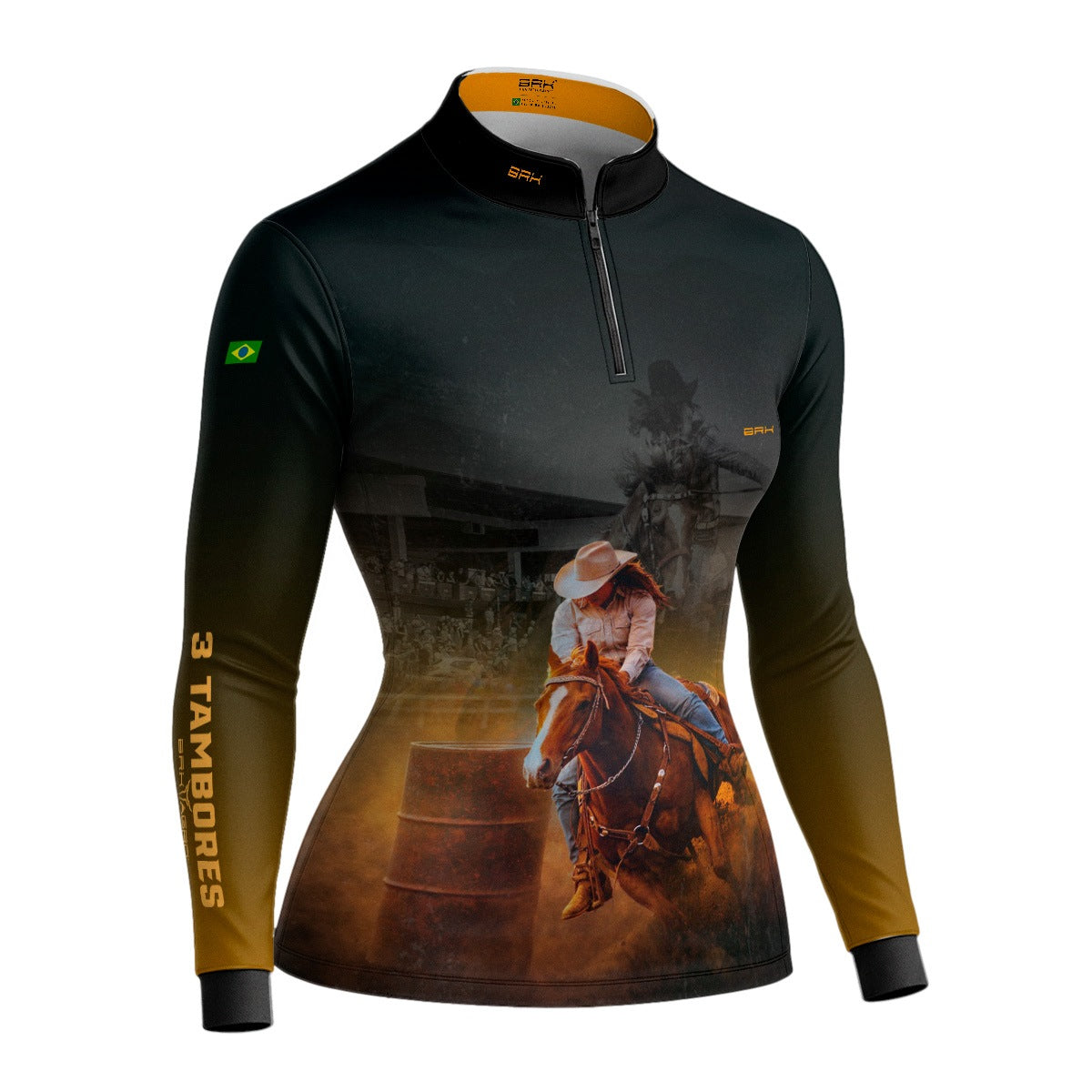 Camisa Agro Feminina BRK Rainha do Tambor Preta e Amarela com Proteção Solar UV50+
