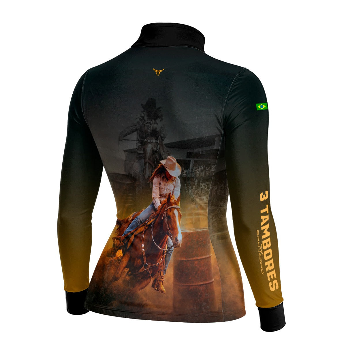 Camisa Agro Feminina BRK Rainha do Tambor Preta e Amarela com Proteção Solar UV50+