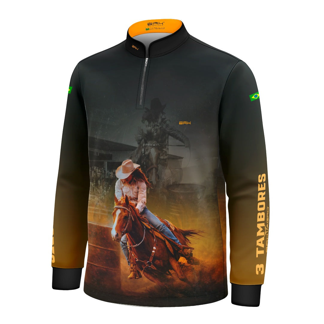 Camisa Agro Infantil BRK Rainha do Tambor Preta e Amarela com Proteção Solar UV50+