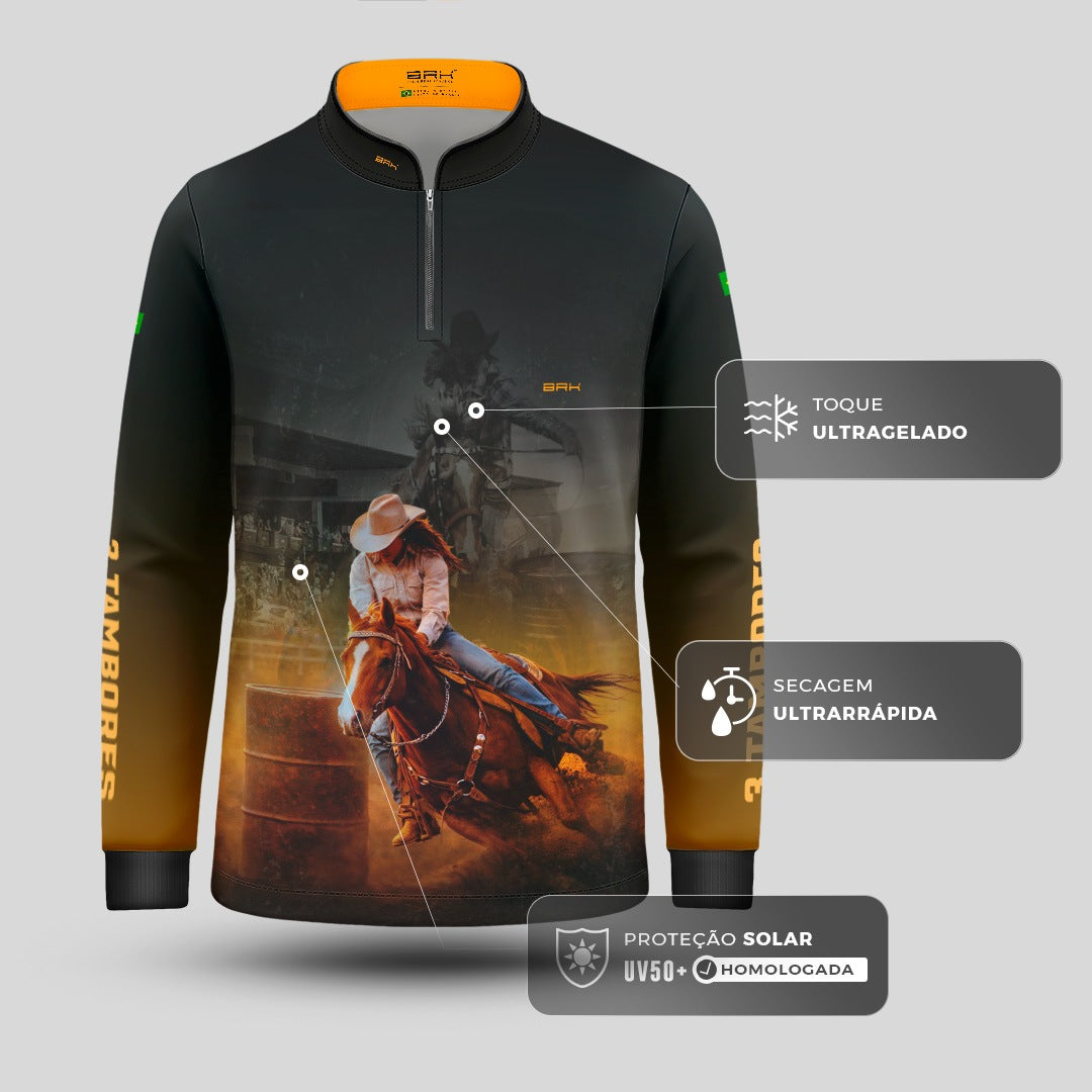 Camisa Agro Infantil BRK Rainha do Tambor Preta e Amarela com Proteção Solar UV50+
