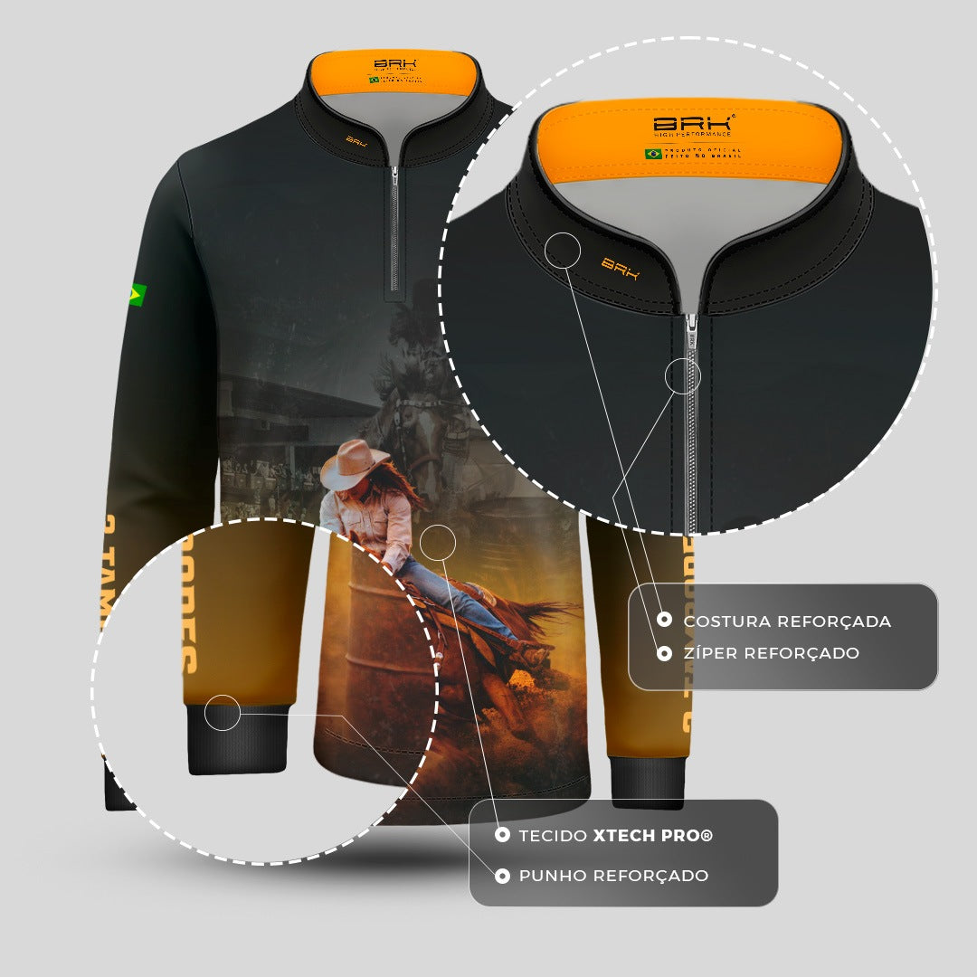 Camisa Agro Infantil BRK Rainha do Tambor Preta e Amarela com Proteção Solar UV50+