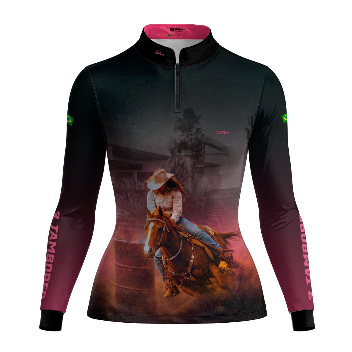 Camisa Agro Feminina BRK Rainha do Tambor Preta e Rosa com Proteção Solar UV50+
