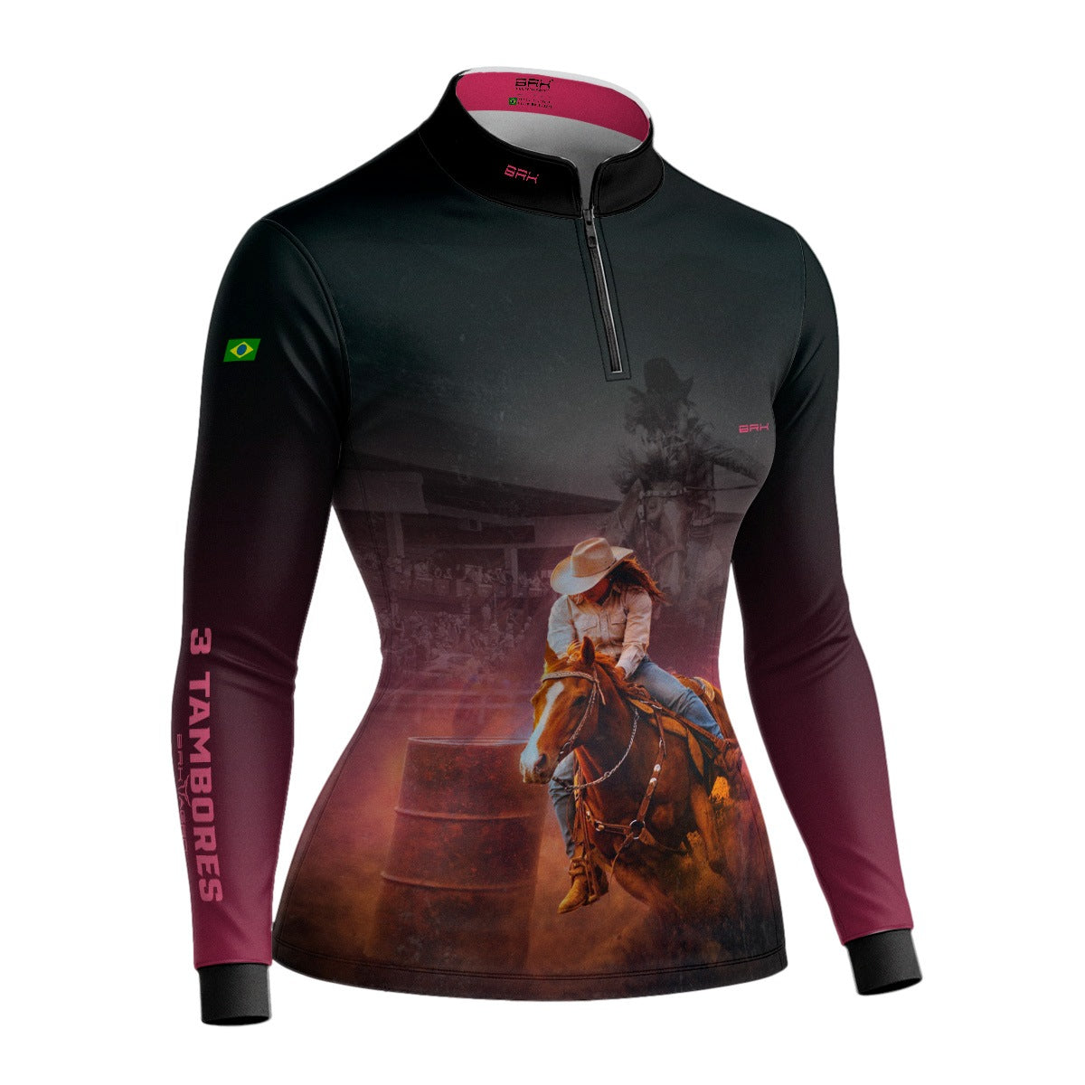 Camisa Agro Feminina BRK Rainha do Tambor Preta e Rosa com Proteção Solar UV50+