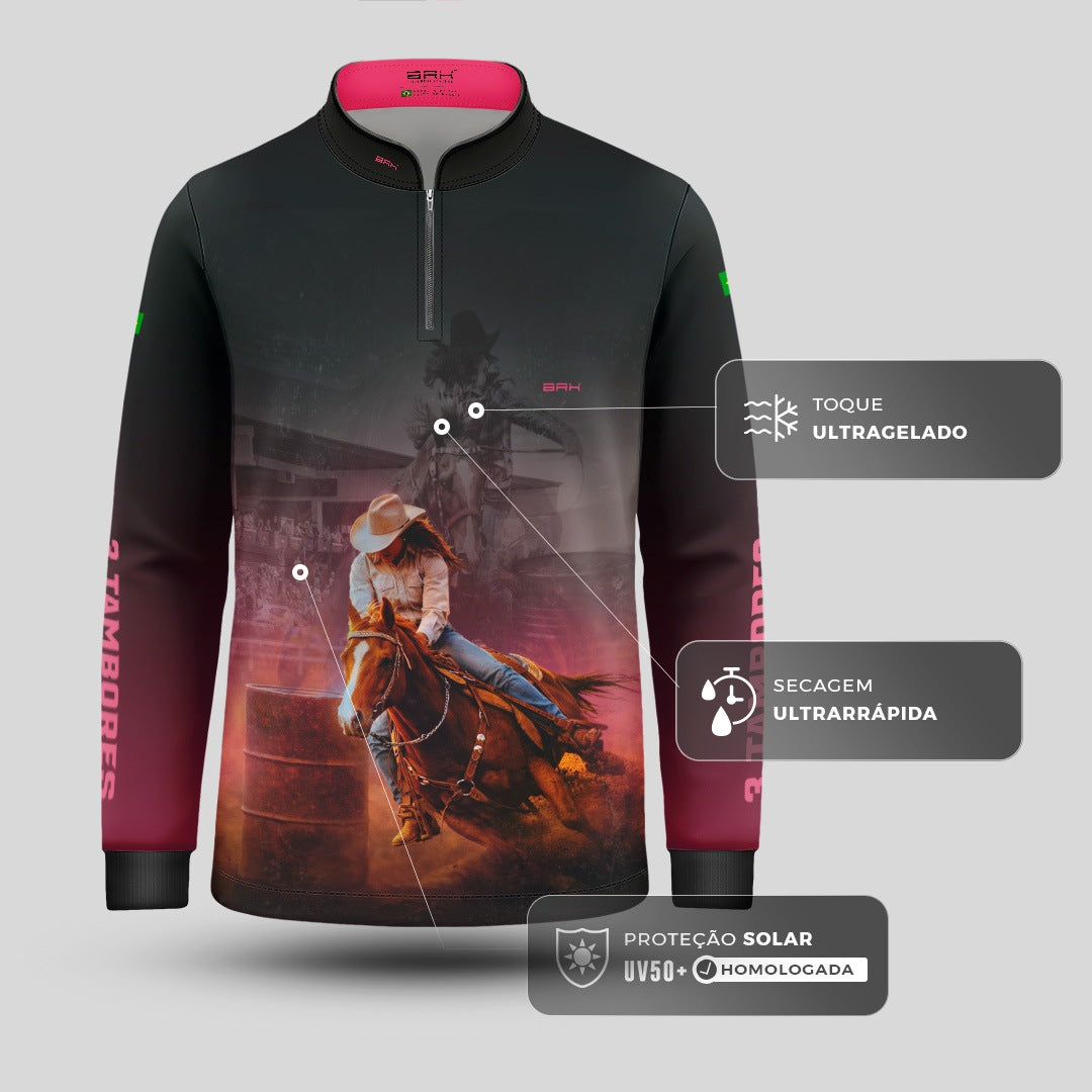Camisa Agro Infantil BRK Rainha do Tambor Preta e Rosa com Proteção Solar UV50+