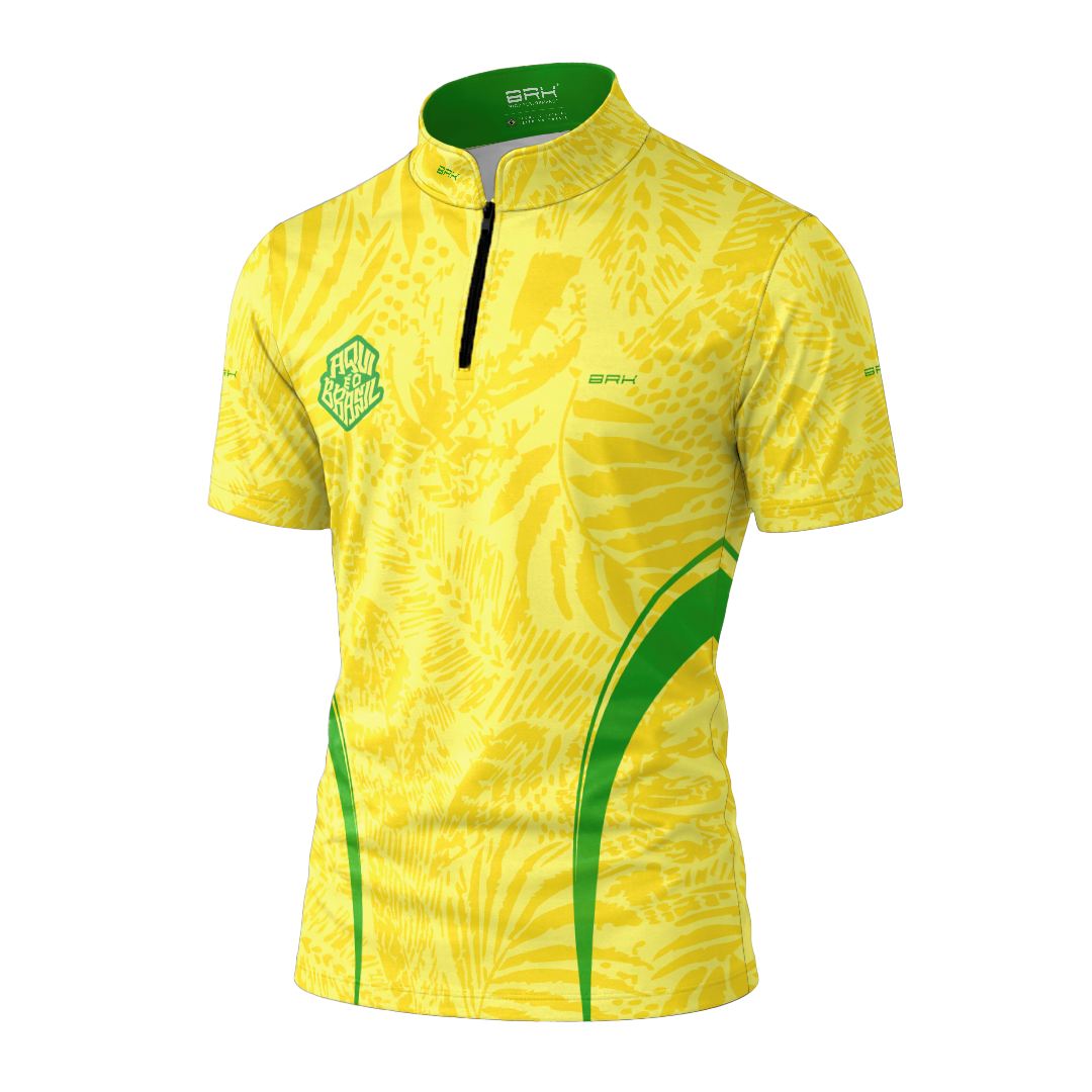 Camiseta Brk Aqui é o Brasil Folhagem Tropical Amarela com Proteção Solar UV50+ - Brk Agro
