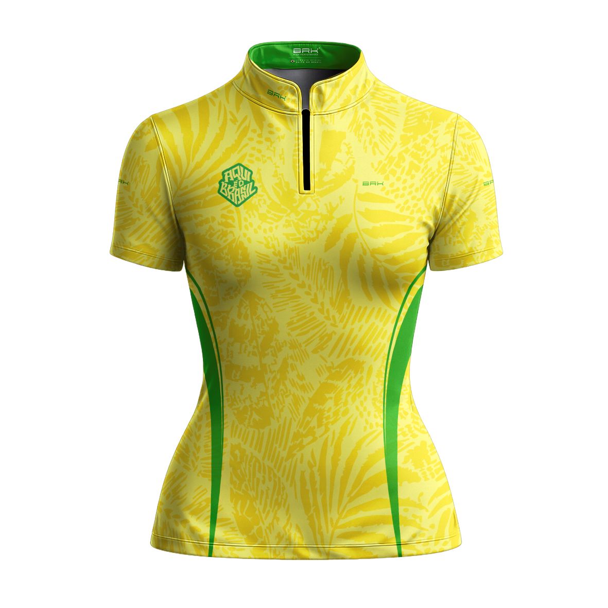 Camiseta Brk Feminina Aqui é o Brasil Folhagem Tropical Amarela com Proteção Solar UV50+ - Brk Agro