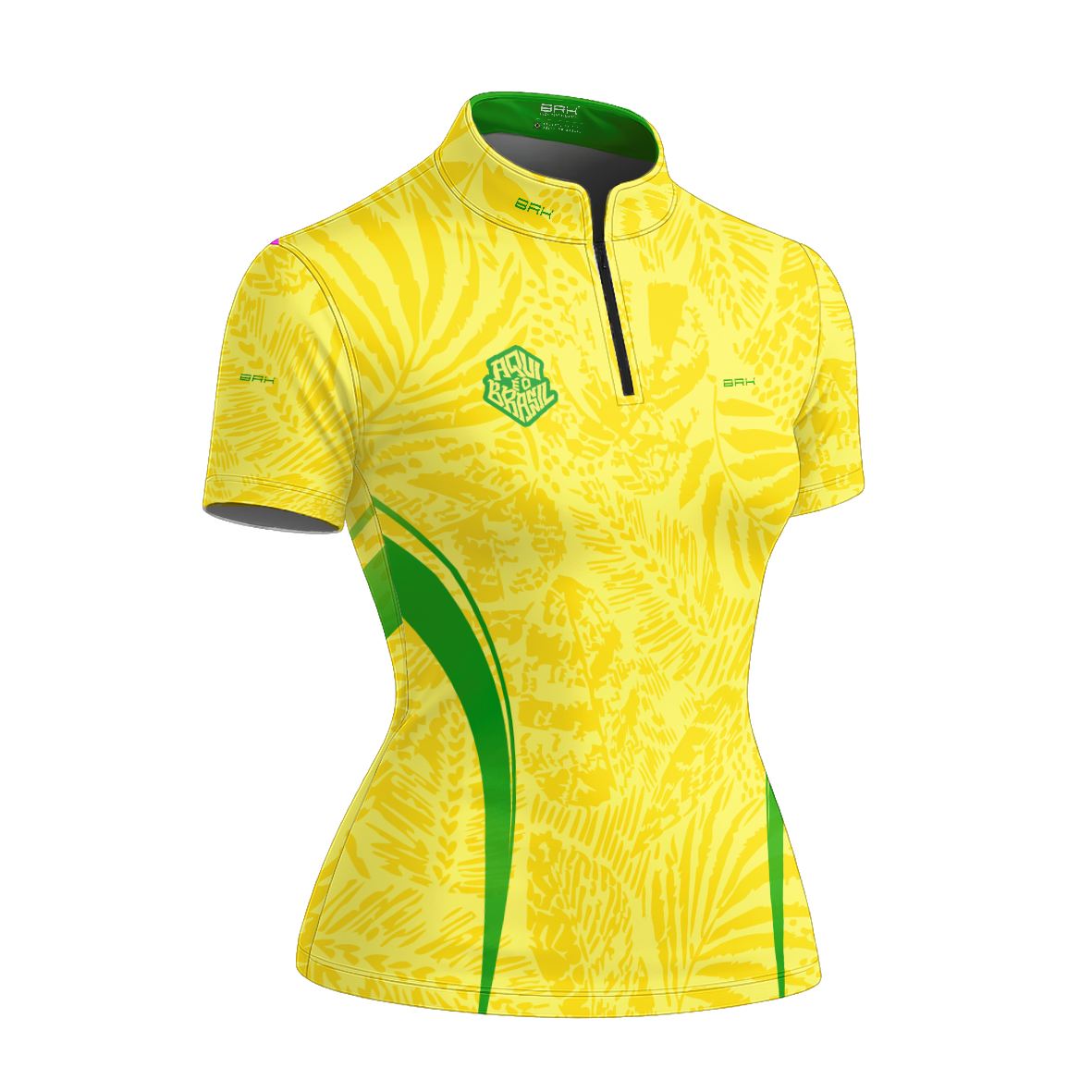 Camiseta Brk Feminina Aqui é o Brasil Folhagem Tropical Amarela com Proteção Solar UV50+ - Brk Agro