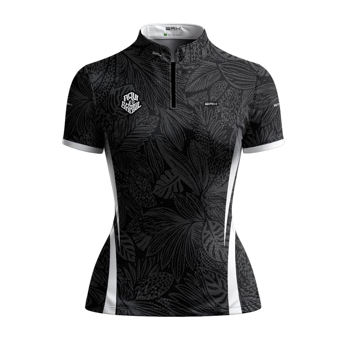 Camiseta Brk Feminina Aqui é o Brasil Folhagem Tropical Preta com Proteção Solar UV50+ - Brk Agro