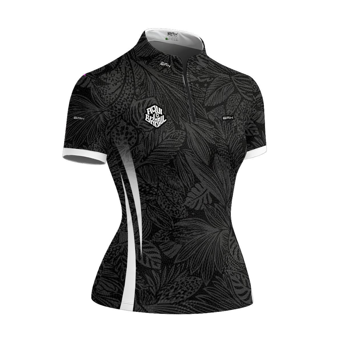 Camiseta Brk Feminina Aqui é o Brasil Folhagem Tropical Preta com Proteção Solar UV50+ - Brk Agro