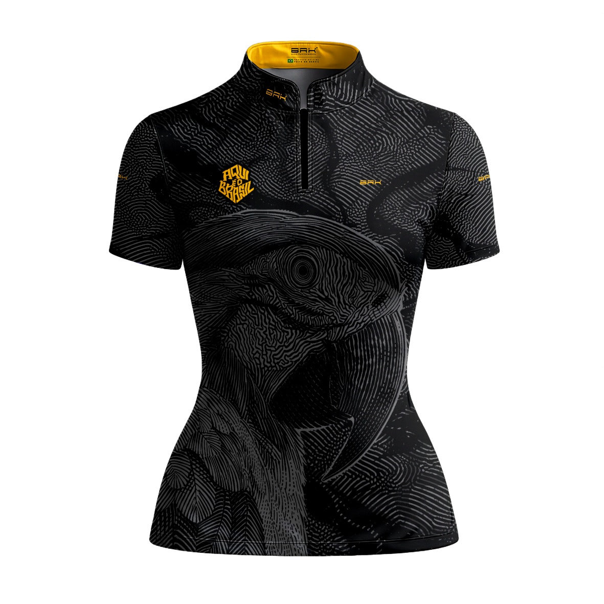 Camiseta Brk Feminina Aqui é o Brasil Arara Sombreada Preta com Proteção Solar UV50+ - Brk Agro