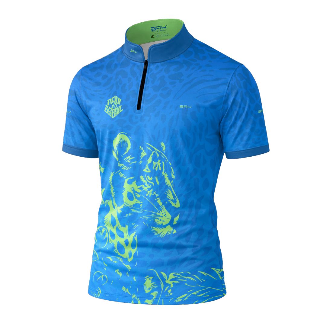 Camiseta Brk Aqui é o Brasil Onça Sombreada Azul com Proteção Solar UV50+ - Brk Agro