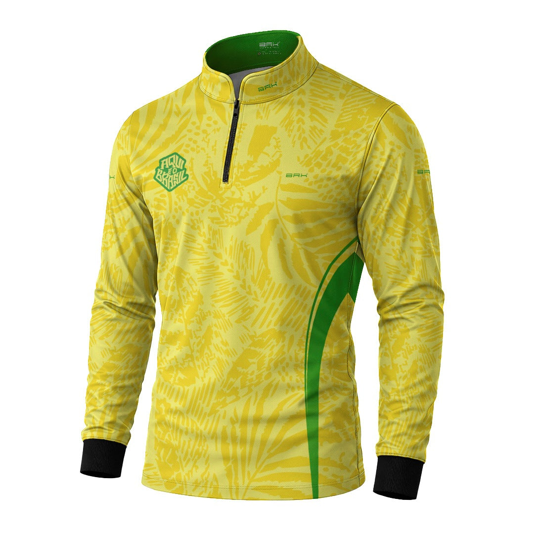 Camisa Brk Aqui é o Brasil Folhagem Tropical Amarela com Proteção Solar UV50+ - Brk Agro