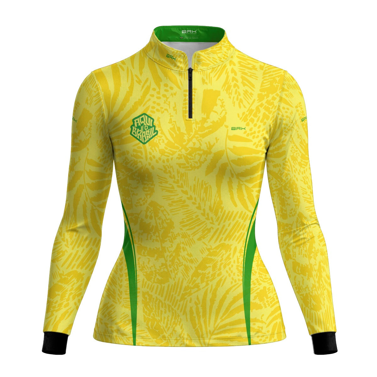 Camisa Brk Feminina Aqui é o Brasil Folhagem Tropical Amarela com Proteção Solar UV50+ - Brk Agro