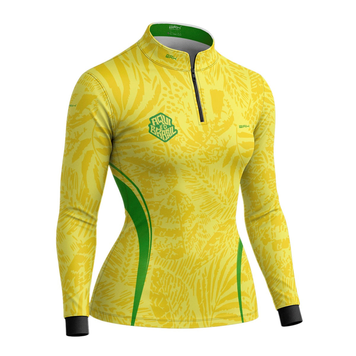 Camisa Brk Feminina Aqui é o Brasil Folhagem Tropical Amarela com Proteção Solar UV50+ - Brk Agro