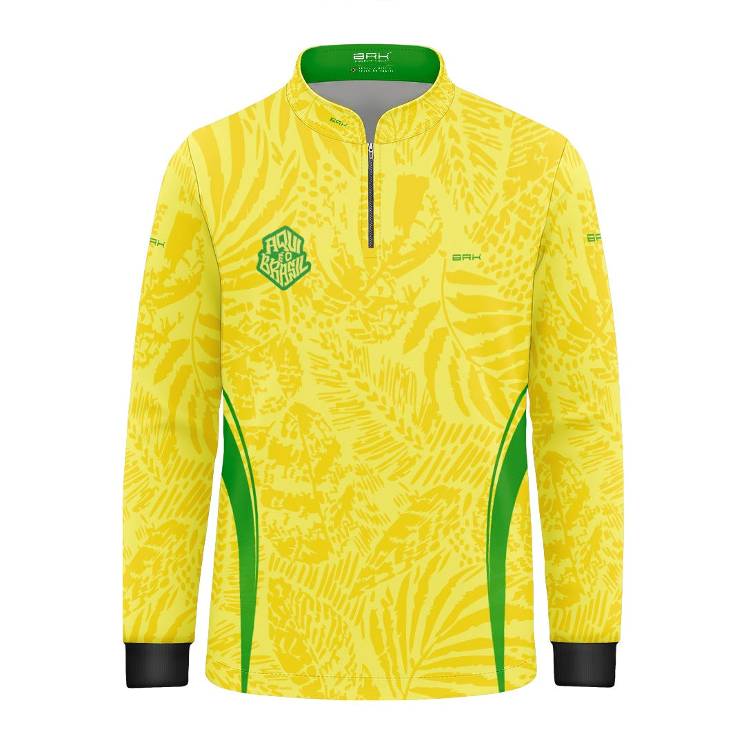 Camisa Brk Infantil Aqui é o Brasil Folhagem Tropical Amarela com Proteção Solar UV50+ - Brk Agro