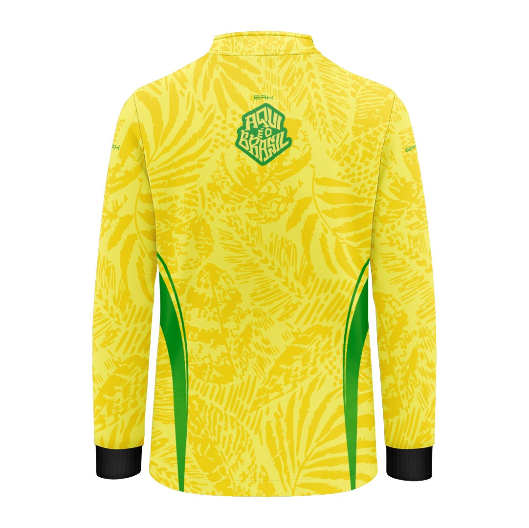 Camisa Brk Infantil Aqui é o Brasil Folhagem Tropical Amarela com Proteção Solar UV50+ - Brk Agro