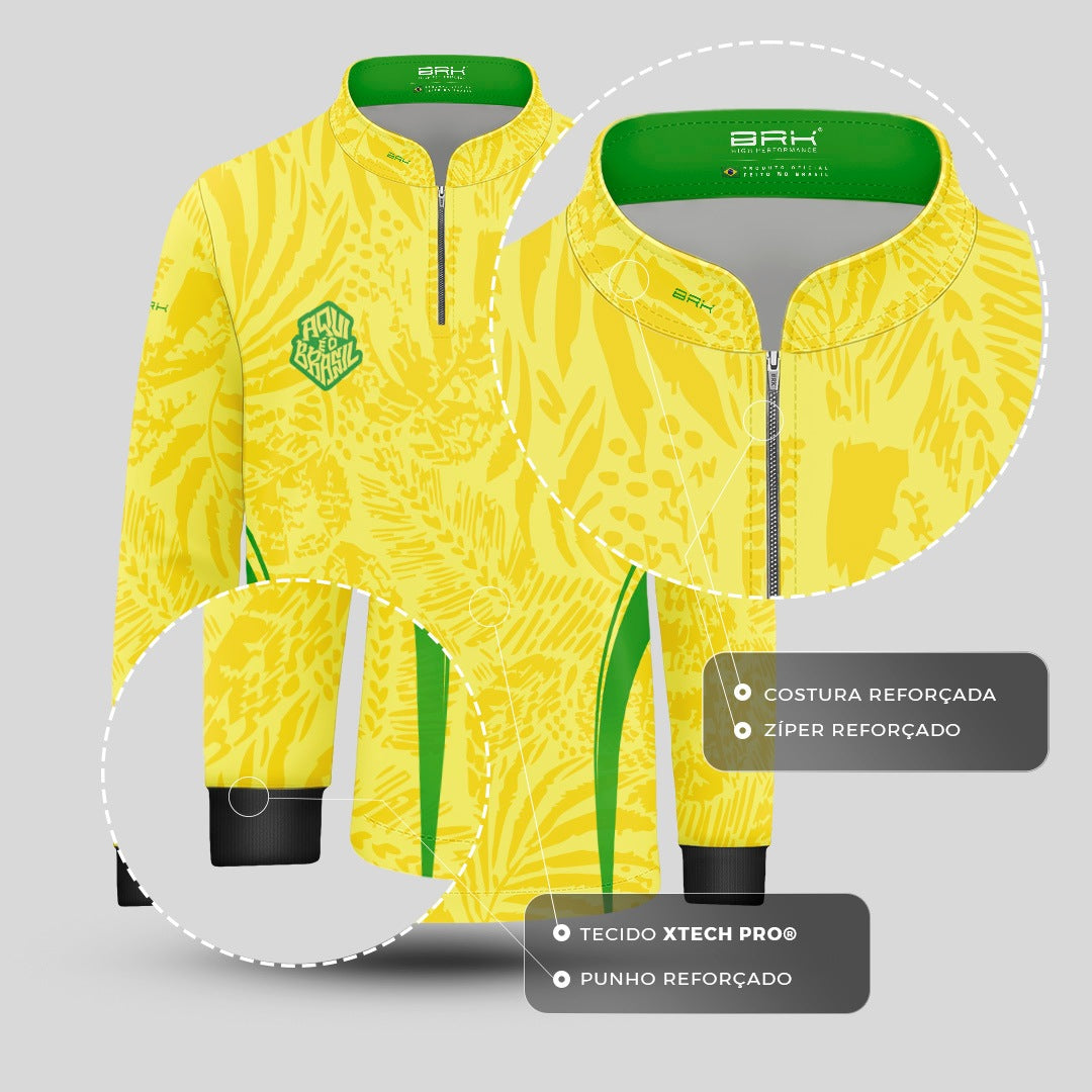 Camisa Brk Infantil Aqui é o Brasil Folhagem Tropical Amarela com Proteção Solar UV50+ - Brk Agro